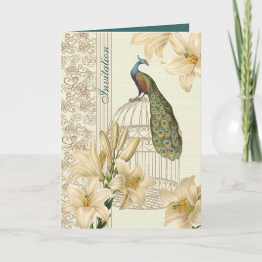 エレガントなヴィンテージ 白いユリの花 ペコックの結婚式 招待状 (正面)