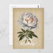 エレガントなヴィンテージ 白い牡丹の花 お誕生日おめでとう ポストカード (正面/裏面)