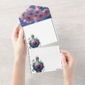 エレガントな三つ折り結婚式招待状 - ピンクの桜 オールインワン招待状 (貼ってはがせる)