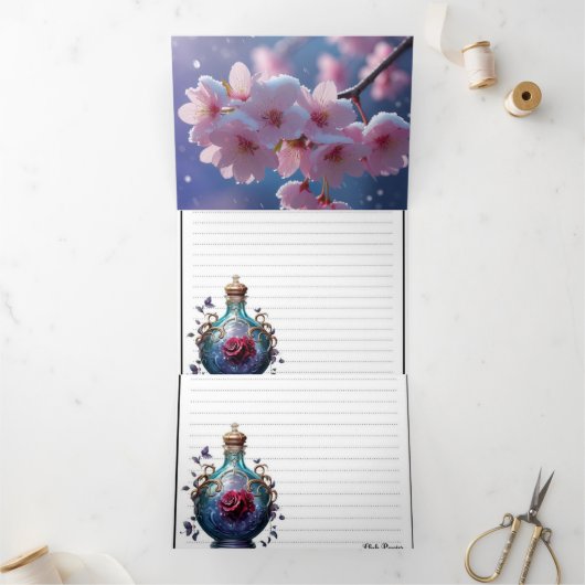 エレガントな三つ折り結婚式招待状 - ピンクの桜 三つ折り招待状 (内部)