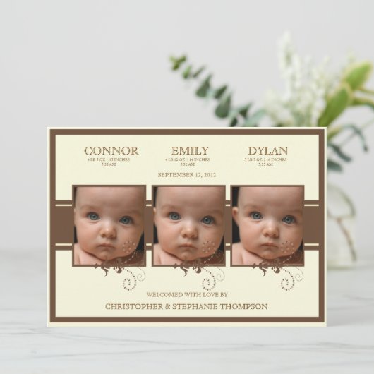 エレガントな三重項の写真のベビーの誕生の発表 案内状 (スタンド正面)