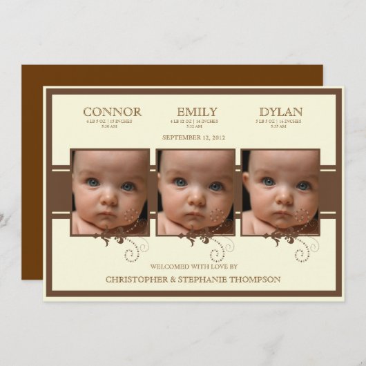 エレガントな三重項の写真のベビーの誕生の発表 案内状 (正面/裏面)