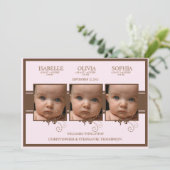 エレガントな三重項の写真の女の赤ちゃんの誕生の発表 案内状 (スタンド正面)