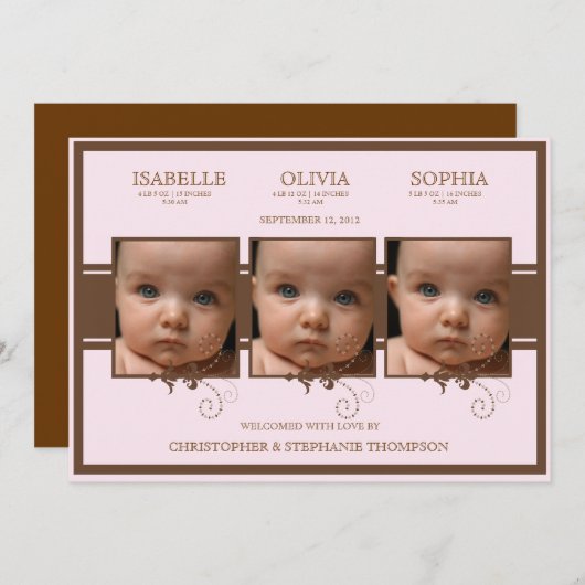 エレガントな三重項の写真の女の赤ちゃんの誕生の発表 案内状 (正面/裏面)