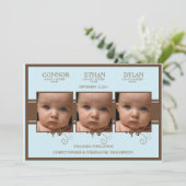 エレガントな三重項の写真の男の赤ちゃんの誕生の発表 案内状 (スタンド正面)