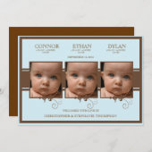 エレガントな三重項の写真の男の赤ちゃんの誕生の発表 案内状 (正面/裏面)