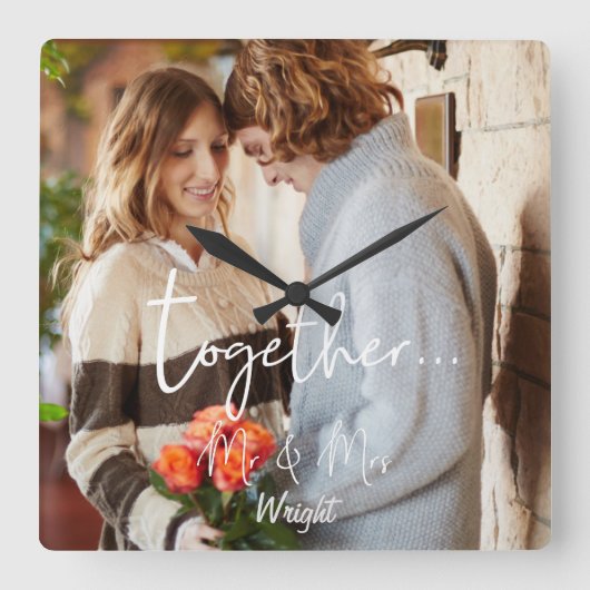 エレガントな二人 Mr & Mrs フォトパーソナライズド スクエア壁時計 (正面)