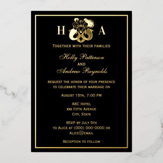エレガントな人魚の結婚式ホイル招待状 箔シーズンカード (正面)