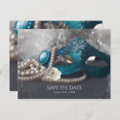 エレガントな仮面舞踏会のマスクとパールでSave the Date 案内ポストカード (正面/裏面)