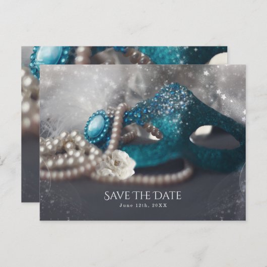 エレガントな仮面舞踏会のマスクとパールでSave the Date 案内ポストカード (正面/裏面)