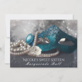 エレガントな仮面舞踏会のマスクとパールのパーティー招待状 招待状 (正面)