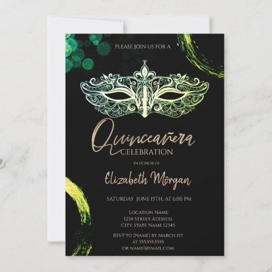 エレガントな仮面,おしゃれな仮面舞踏会のクィンセañera 招待状 (正面)