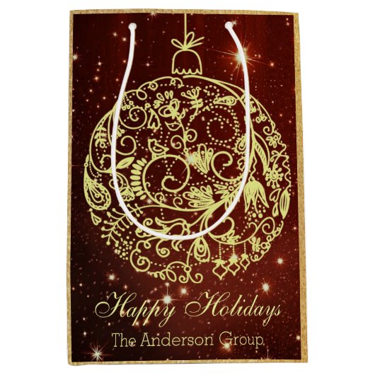 エレガントな企業のハッピーホリデー ゴールドオーナメント ミディアムペーパーバッグ (正面)