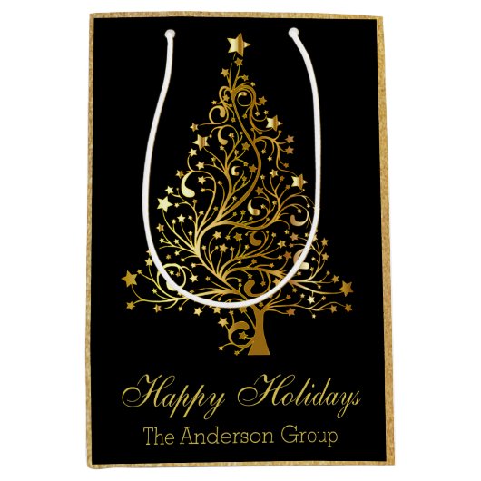 エレガントな企業のハッピーホリデー ゴールド クリスマス ミディアムペーパーバッグ (正面)