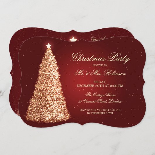 エレガントな休日のパーティの金ゴールドのクリスマスツリーの赤 招待状 (正面/裏面)