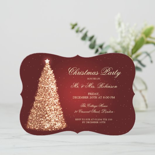 エレガントな休日のパーティの金ゴールドのクリスマスツリーの赤 招待状 (スタンド正面)