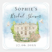 エレガントな会場の噴水とハト 花 ブライダルシャワー スクエアシール (正面)
