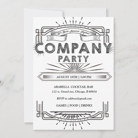 エレガントな会社パーティーのブラック＆ホワイトテンプレート 招待状 (正面)