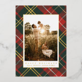 エレガントな伝統的な赤と緑のチェック柄写真 箔シーズンカード (正面)