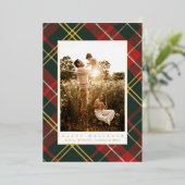 エレガントな伝統的な赤と緑のチェック柄写真 箔シーズンカード (立ち正面)