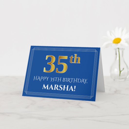 エレガントな偽のゴールドの輝き 35歳の誕生日、名前（青） カード (小さな植物)