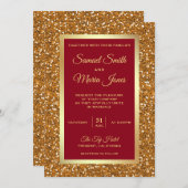 エレガントな偽金箔グリッター マルーンレッド ウェディング 招待状 (正面/裏面)