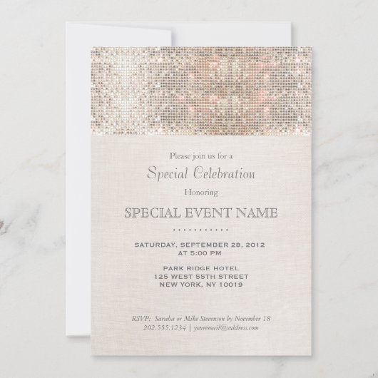 エレガントな偽銀のスパンコール ベージュリネン調 招待状 (正面)