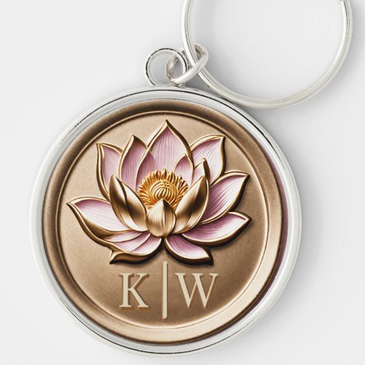 エレガントな偽3D 彫刻 ピンクの蓮の花 ゴールド モノグラム キーホルダー (正面)