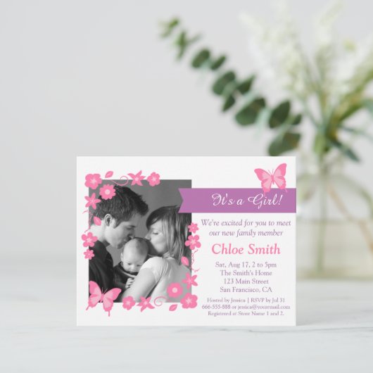 エレガントな写真のピンクの蝶ベビーシャワーのパーティー 招待状 (スタンド正面)