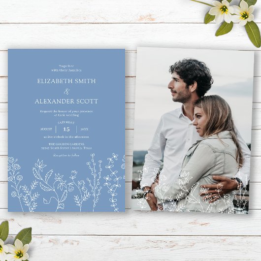 エレガントな写真のワイルドフラワー・ツルニチニチソウの結婚式 招待状