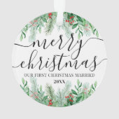 エレガントな写真の初めてのクリスマス 結婚記念 オーナメント (裏面)