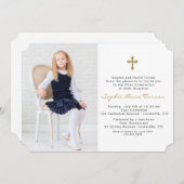 エレガントな写真の少女 ゴールドの十字架 初めての聖体拝領 招待状 (正面/裏面)