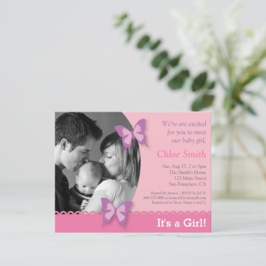 エレガントな写真の蝶ベビーシャワーのパーティー 招待状 (スタンド正面)