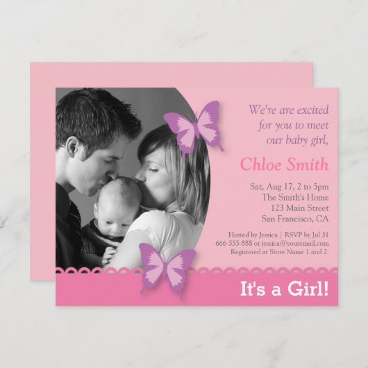 エレガントな写真の蝶ベビーシャワーのパーティー 招待状 (正面/裏面)