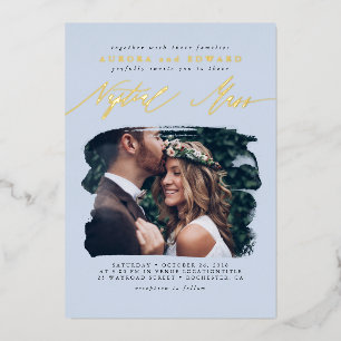 エレガントな写真オーバーレイ ダスティブルー ボヘミアン 結婚式 箔招待状