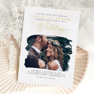 エレガントな写真オーバーレイ 白いボヘミアンスタイルの結婚式 本物 箔招待状