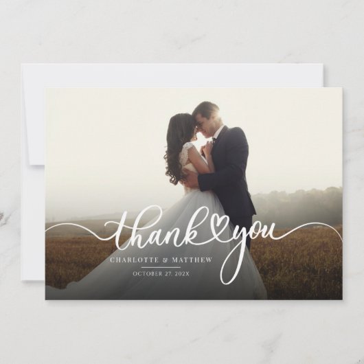 エレガントな写真カリグラフィースクリプト結婚式お礼 サンキューカード (正面)