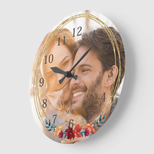 エレガントな写真モノグラムの結婚式 ラージ壁時計 (傾斜)