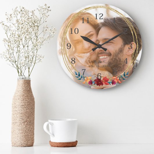 エレガントな写真モノグラムの結婚式 ラージ壁時計