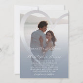 エレガントな写真 ダスティブルーとシルバーハートの結婚式 招待状 (正面)
