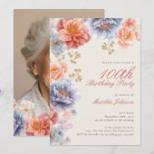 エレガントな写真 ピンクの花 100歳の誕生日 招待状 (正面/裏面)