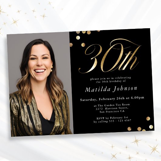 エレガントな写真 ブラックとゴールドの30歳の誕生日 招待状
