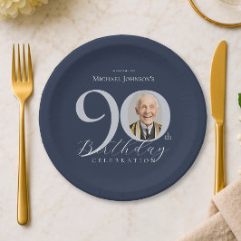 エレガントな写真 銀 ネイビーブルー 90歳の誕生日パーティー ペーパープレート