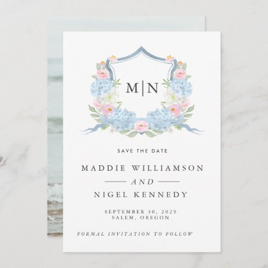 エレガントな写真 青いモノグラム Save the Date セーブザデート (正面/裏面)