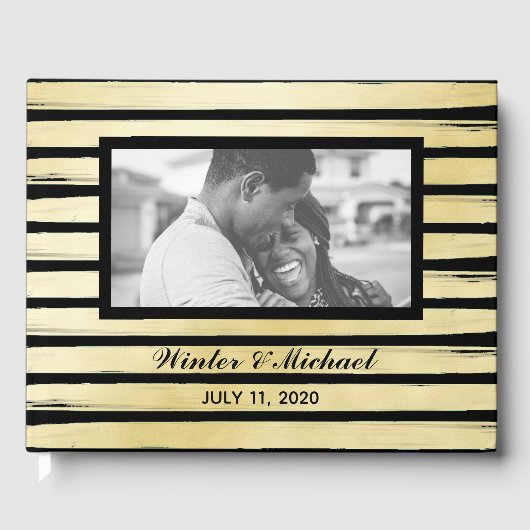 エレガントな写真 黒金 ペイント ストライプ 結婚式 ゲストブック (正面)