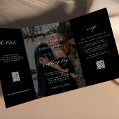 エレガントな写真 黒 結婚式の出欠確認 詳細 QRコード 三つ折り招待状