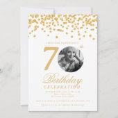 エレガントな写真 70歳の誕生日 ゴールド コンフェッティ 招待状 (正面)