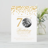 エレガントな写真 70歳の誕生日 ゴールド コンフェッティ 招待状 (スタンド正面)