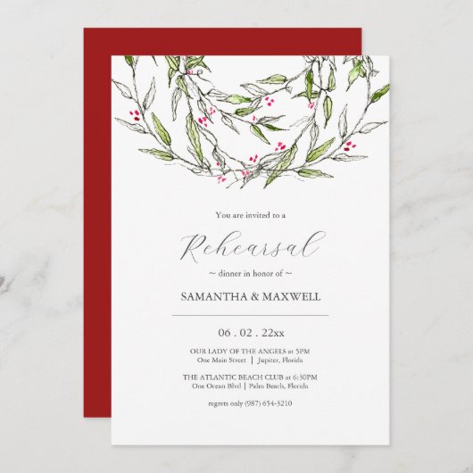 エレガントな冬のウェディング リハーサル ディナー 招待状 (正面/裏面)