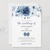 エレガントな冬のダスティーブルーの花柄 ウェディング 招待状 (正面)